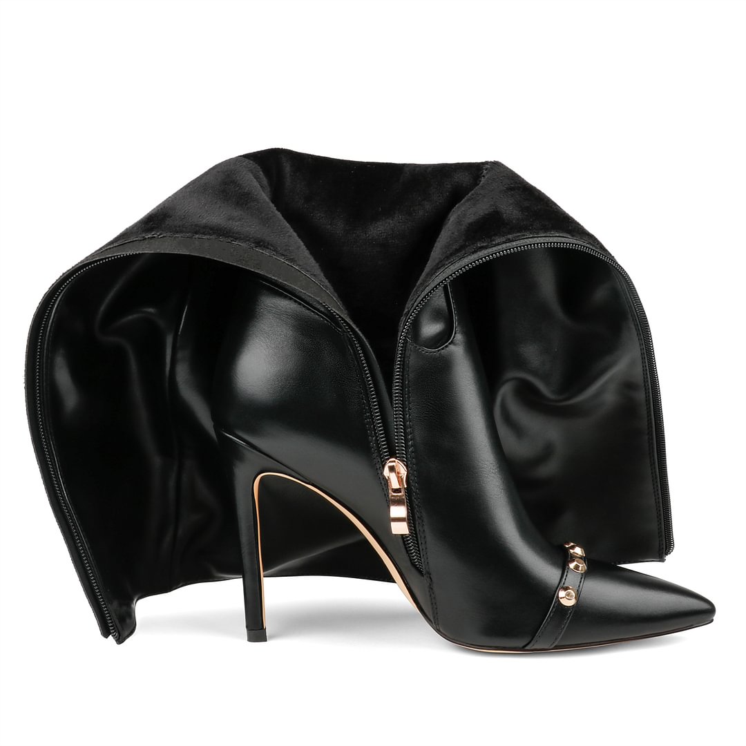 100mm Fashion Zipper Leather High Heels Knee Boots-MERUMOTE