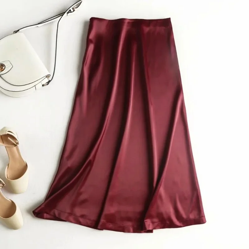 Aachoae Elegant A Line Party Skirt Women High Waist Solid Chic Skirts Female Side Zipper Satin Skirt Faldas Mujer Moda 2021