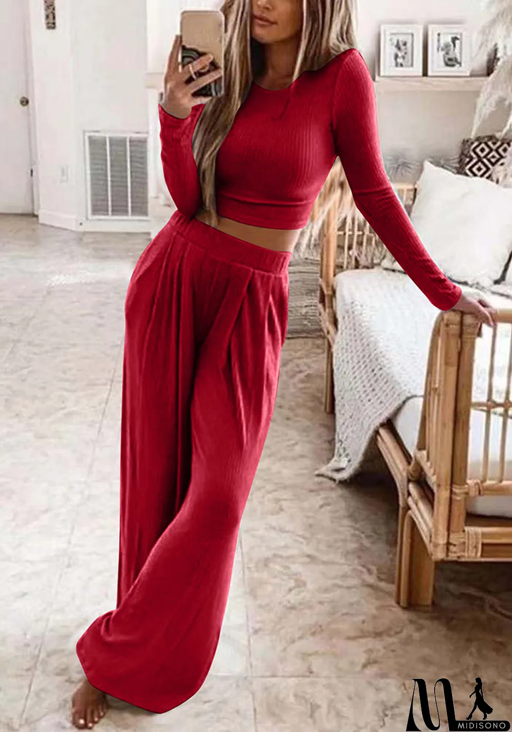 MidiSono - Women Solid Casual Long Sleeve Top and Pant Two Piece Set