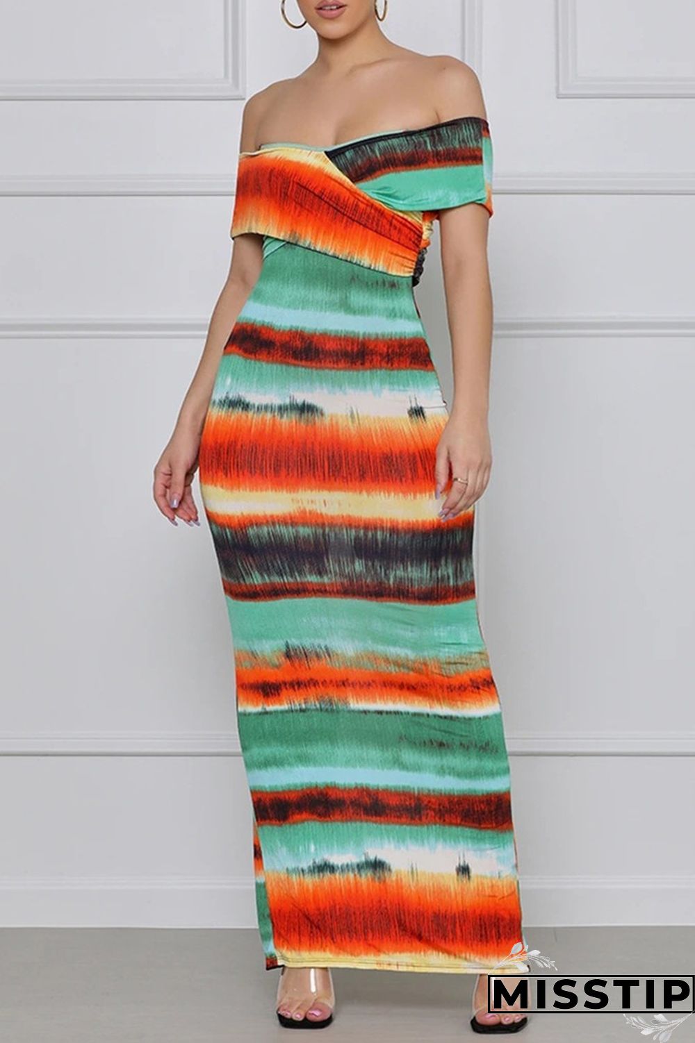 Colour Fashion Sexy Print Backless Slit Off the Shoulder Short Sleeve Dress