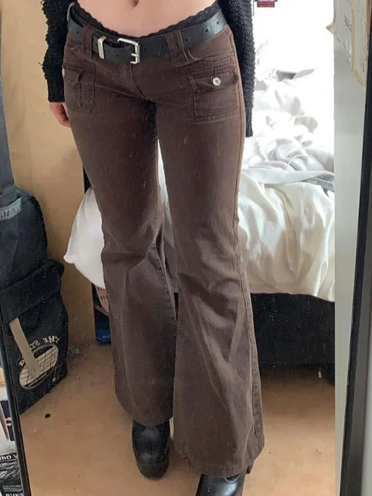 Rapcopter Y2K Brown Flare Jeans Solid Pockets Kawaii Trousers Low Waisted Aesthetic Grunge Fairycore Joggers Women Casual Basic