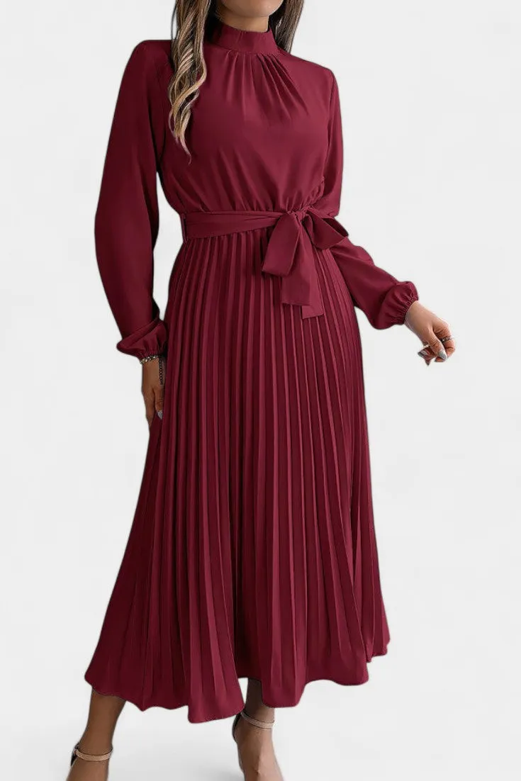 High Neck Pleated Midi Dress with Tie Waist