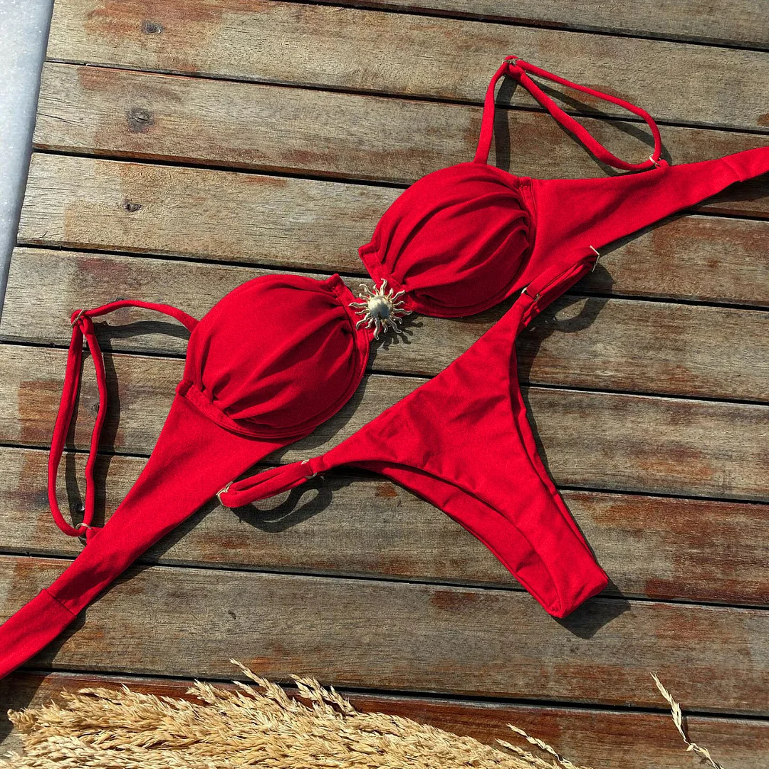 Uveng Three-Point Solid-Color Bikini Sexy Split Swimsuit Women With Adjustable Low-Waist Triangle Bikini