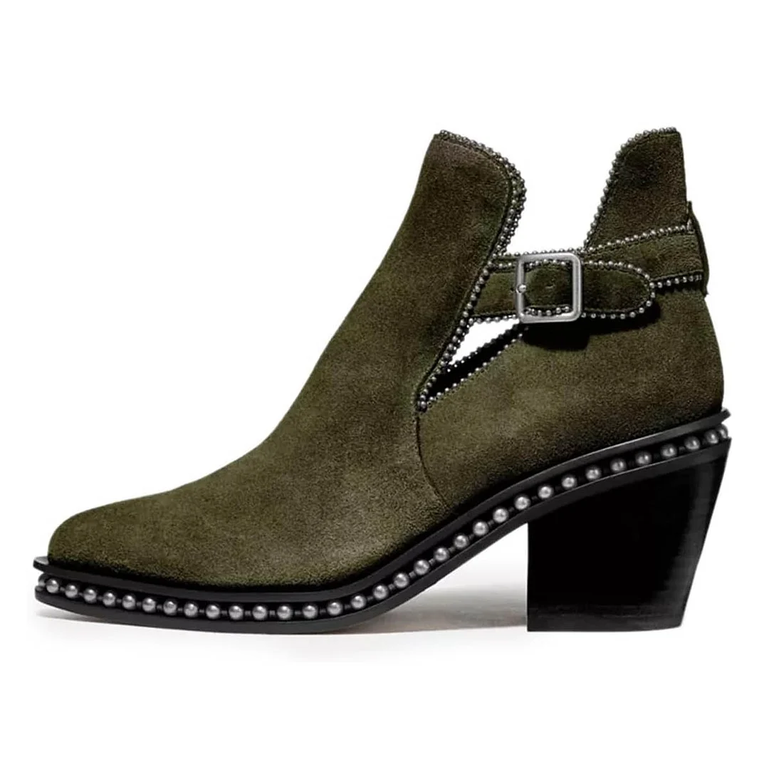 Faux Suede Ankle Strap Studded Olive Chunky Heel Short Boots for Women