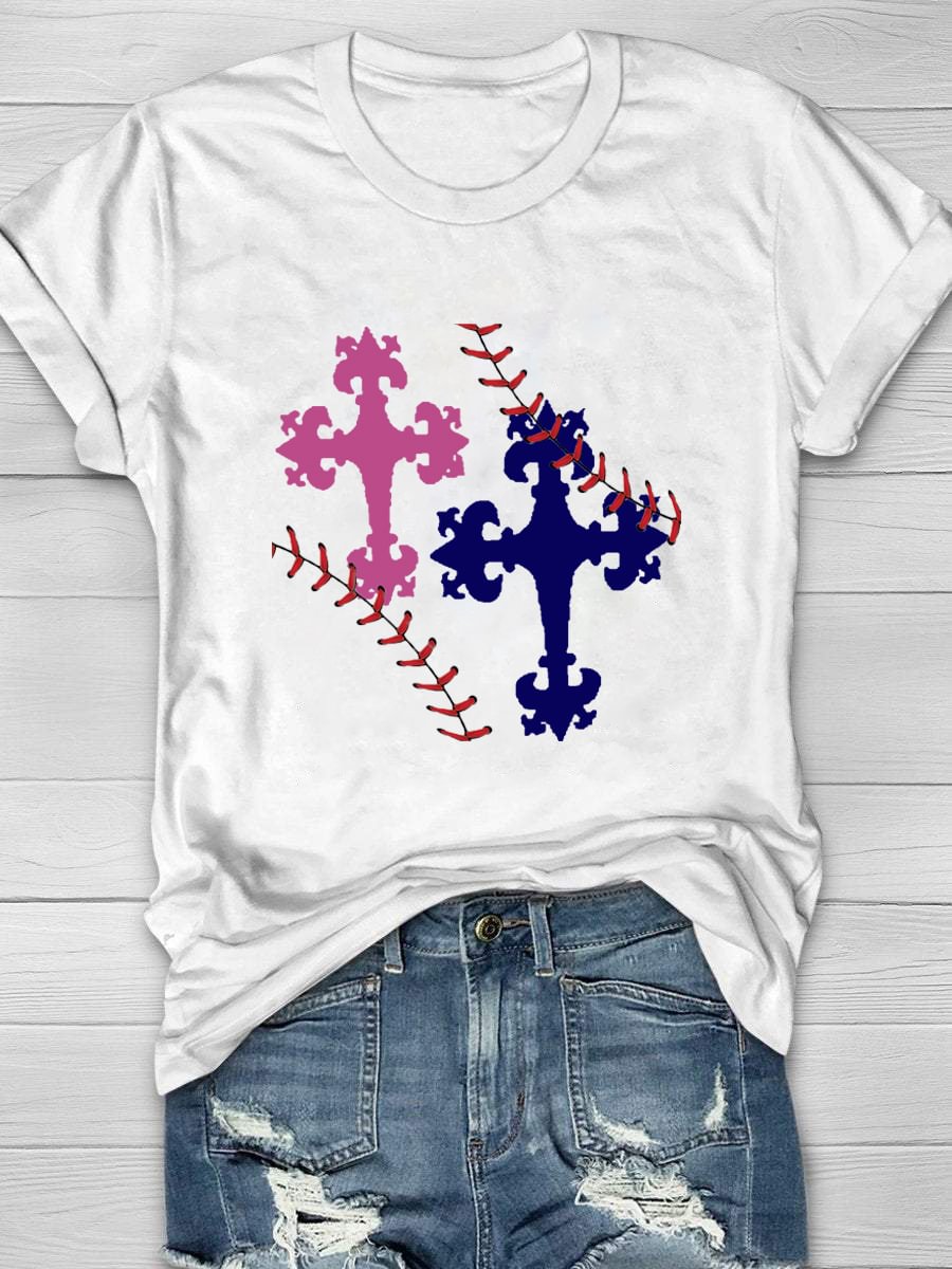 Cross Baseball Lace Print Short Sleeve T-Shirt