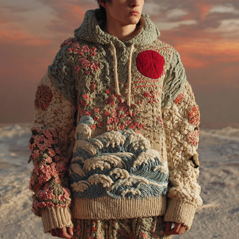 Men's Vintage Japanese Art Wave Floral Embroidered Hoodie  artssus