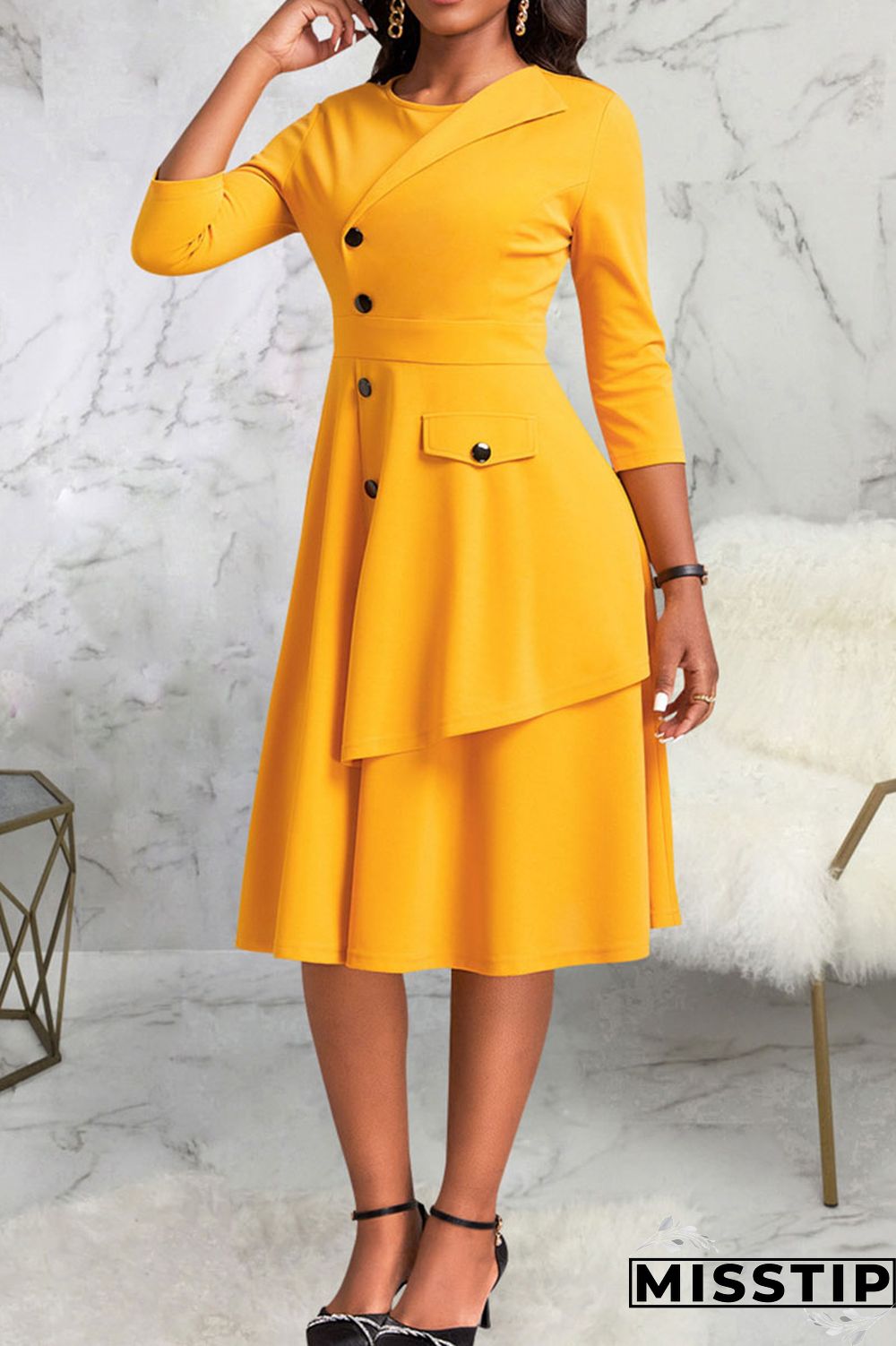 Black Casual Solid Patchwork Buttons O Neck A Line Dresses