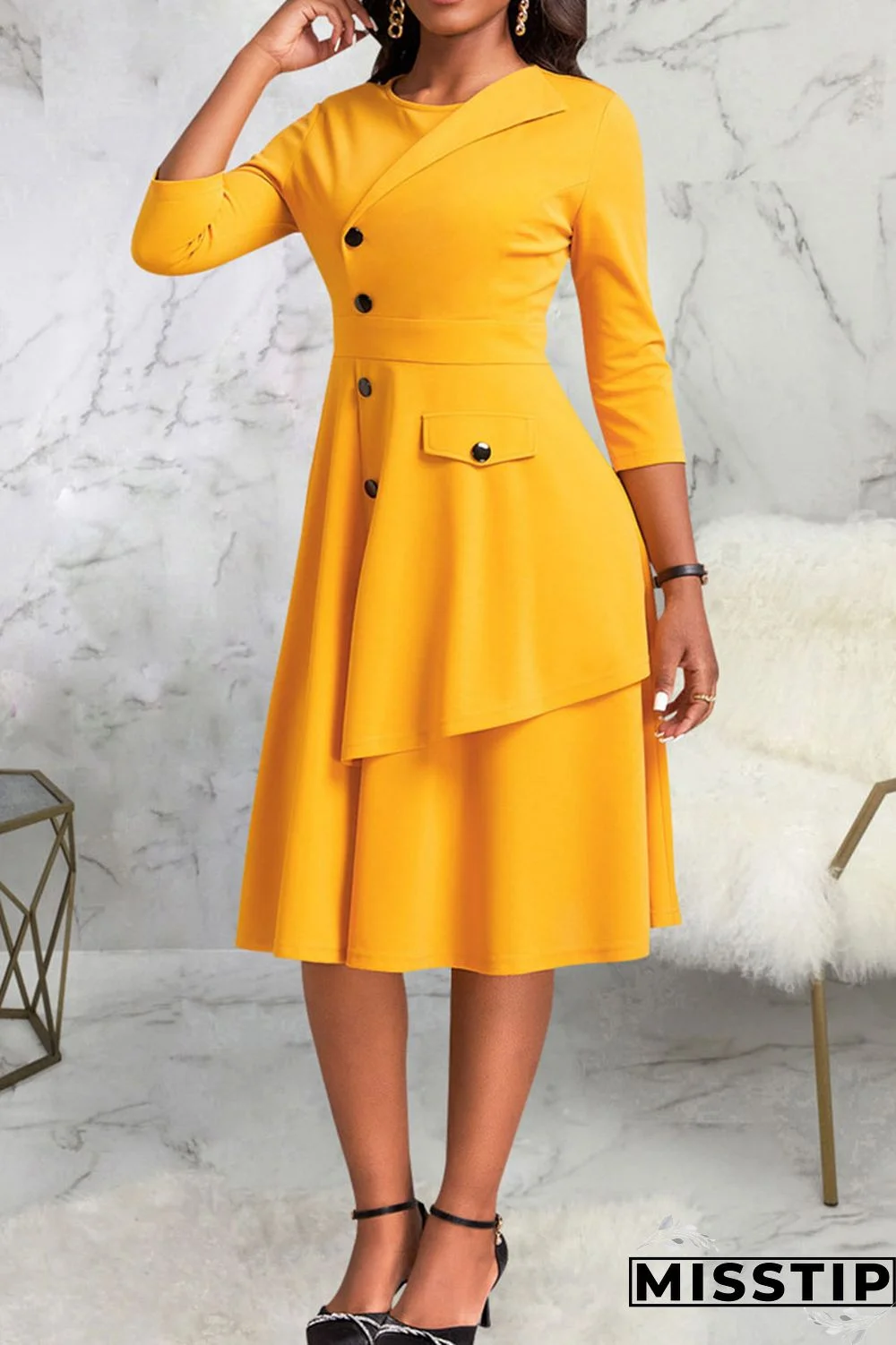 Black Casual Solid Patchwork Buttons O Neck A Line Dresses