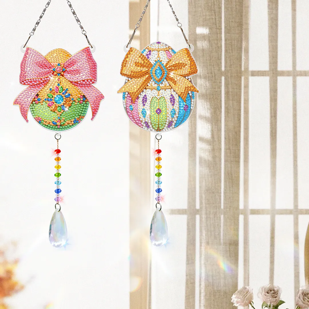 2Pcs Bow-shaped Easter Egg DIY Double-Sided Diamond Painting Hanging Kits Diamond Painting Suncatcher Craft Kit for Home Garden Wall Decor Gift