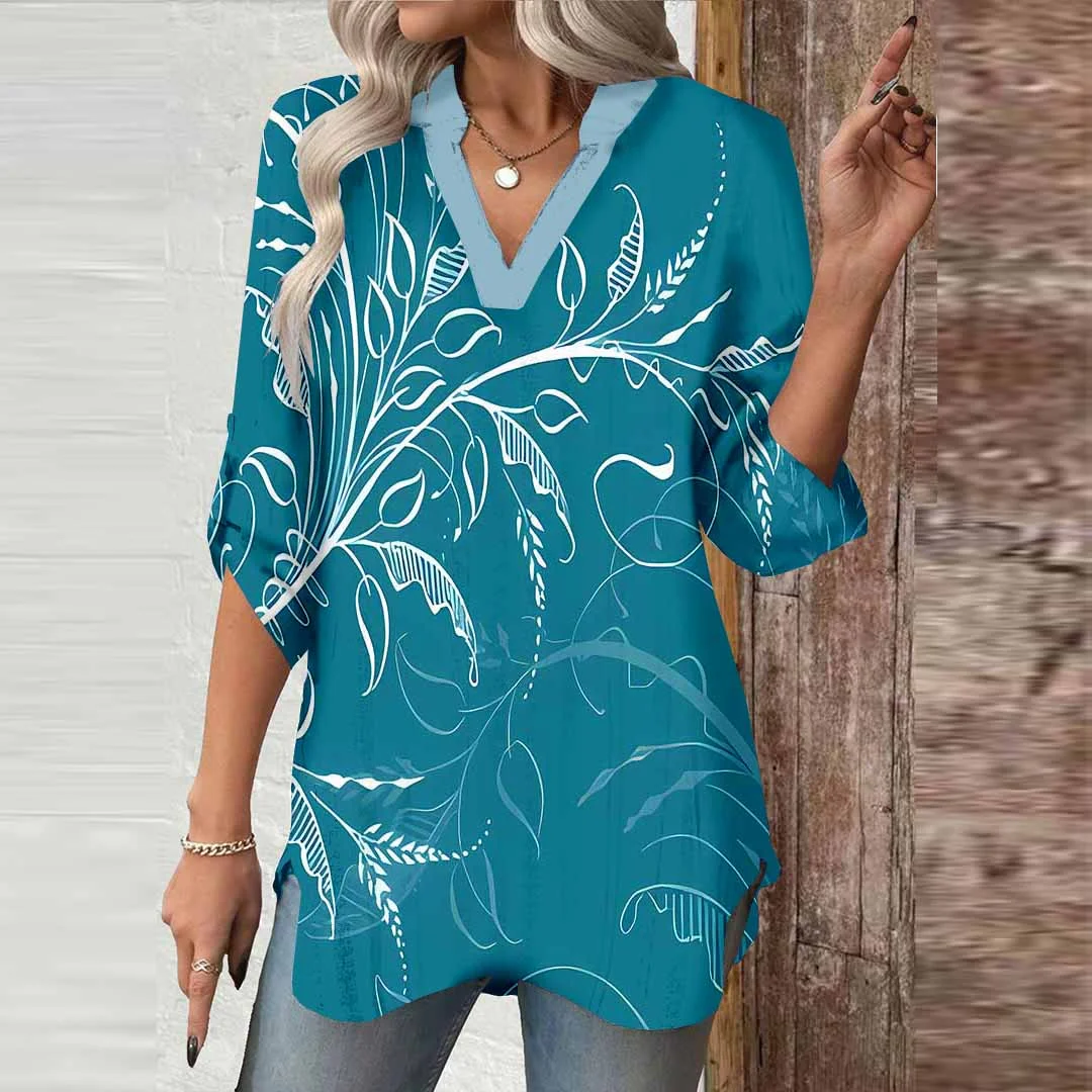 Women Floral, Foliage, Green DZGA0456 3/4 Sleeve V-neck Printed Graphic Button Tops