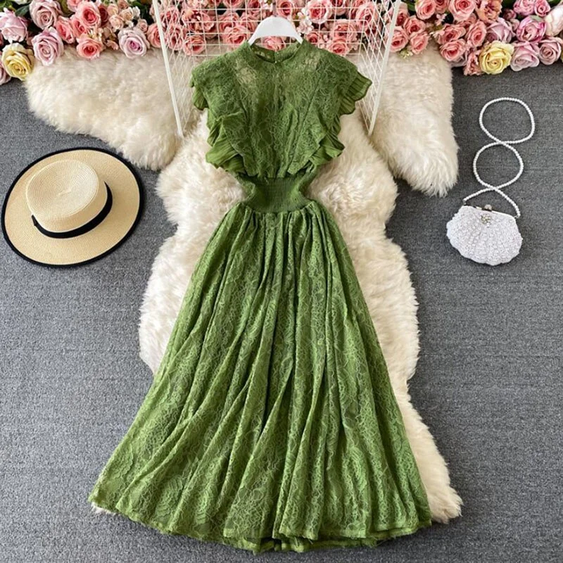2021 Summer Dress Women Sleeveless O-neck Slim Lace Dresses High waist Lady Elegant Ruffle Long Dress Party Vestidos