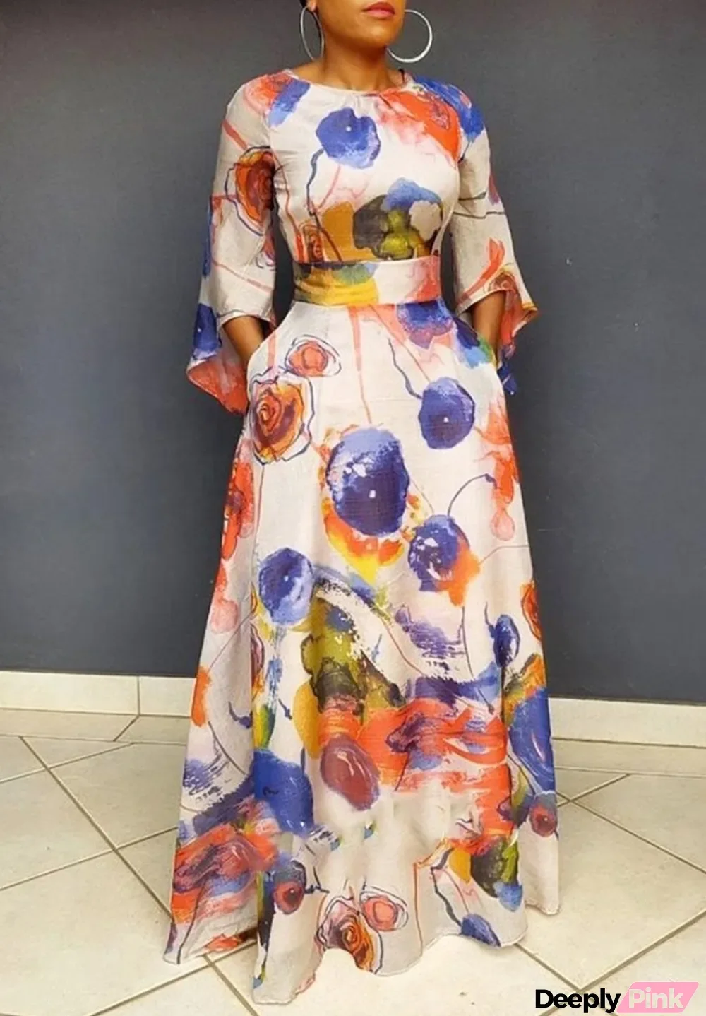 Spring Elegant Print Round Neck Long Sleeve Long Dress