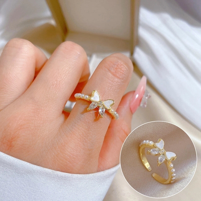 Brass Fashion Enamel Plating Inlay Butterfly Zircon Open Ring
