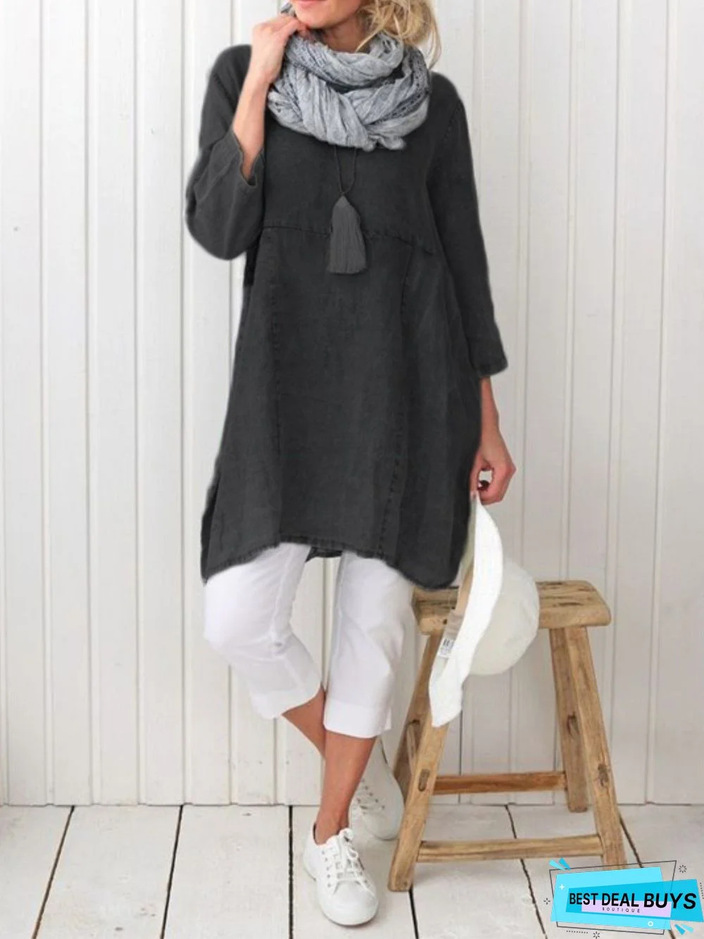 zolucky Plus Size Casual Plain Long Sleeve Linen Dress