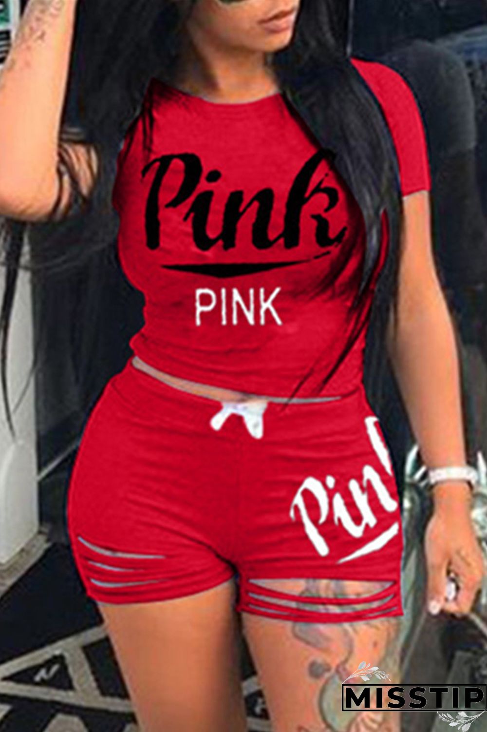 Pink Fashion Casual Letter Print Ripped O Neck Short Sleeve Two Pieces