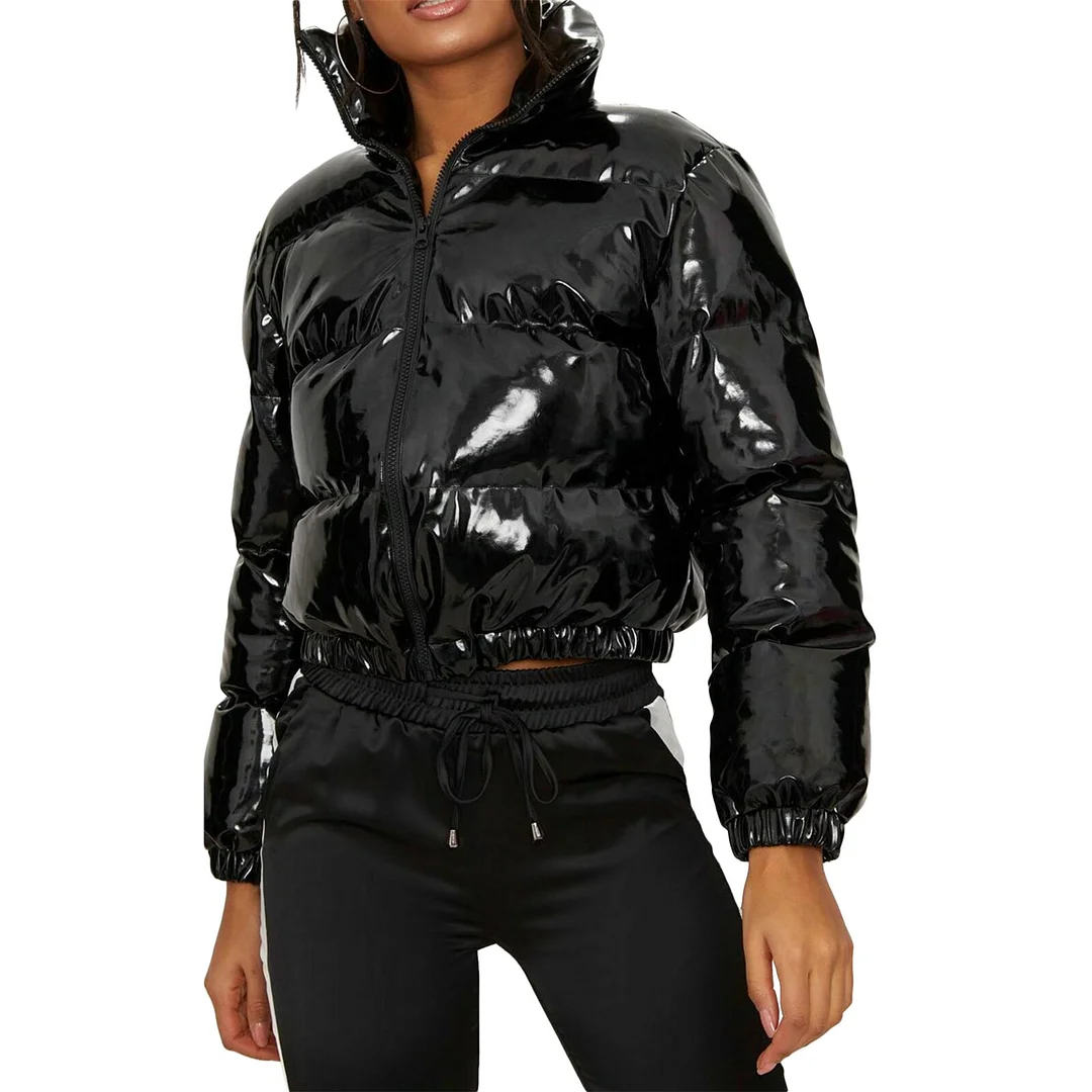 Fashion  Women Quilted Puffer Jackets Long Sleeve Stand Collar Metallic Cropped Down Jackets Street Style Winter Hot Sale S-XL