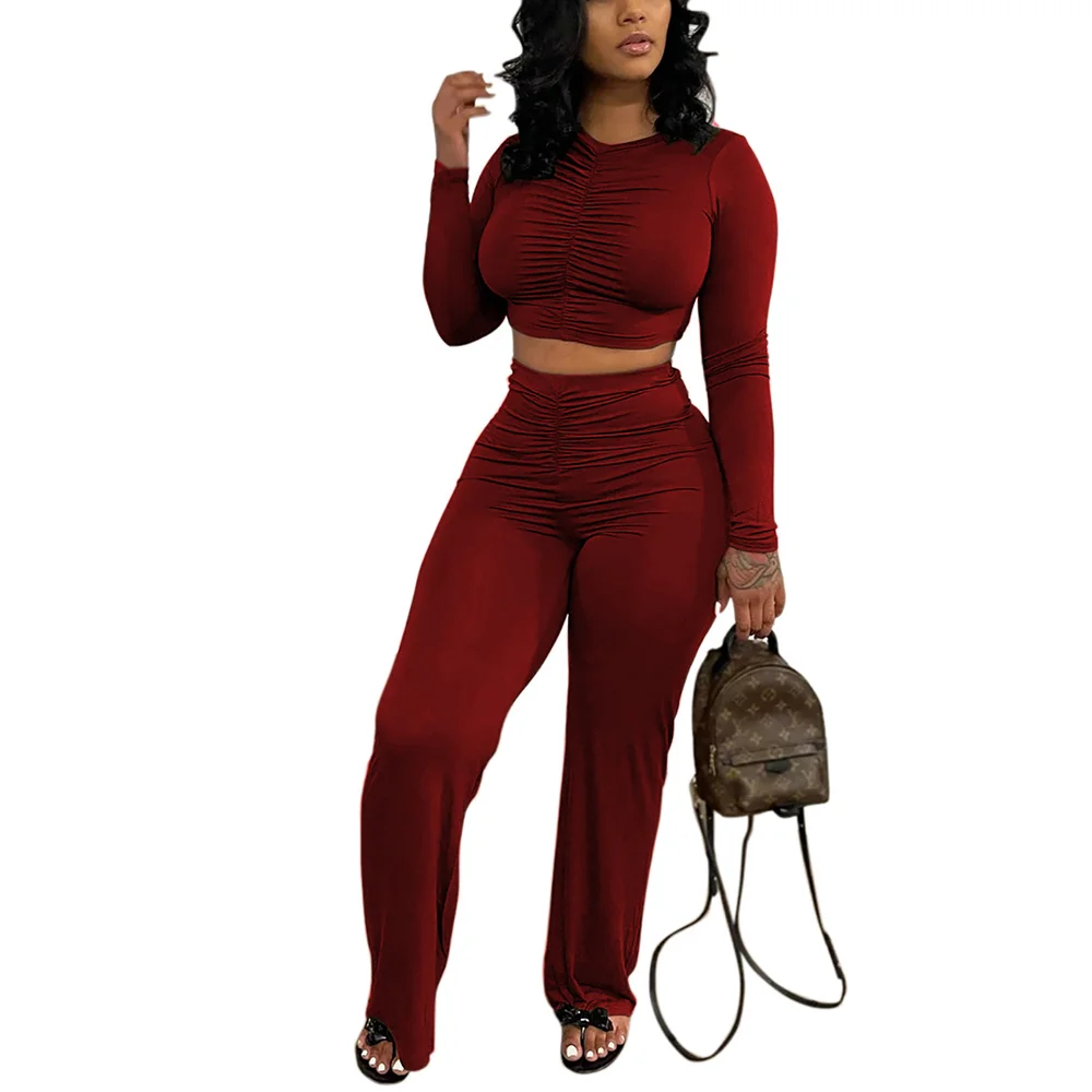 Wine Red Pleated Long Sleeve Top with Pant Set