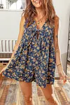 Women's Blue Retro Design Floral Print Bow Tie Pleated Loose Denim Romper