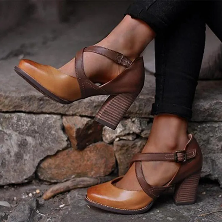 Chocolate Brown Calf Leather Stacked Heel Crossover Strap Round Open Toe