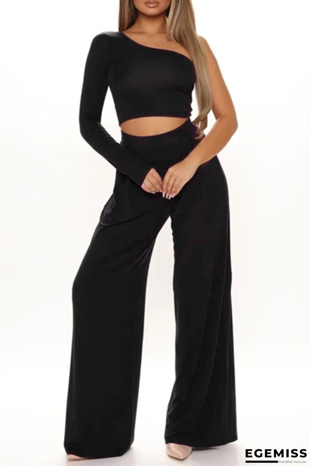 Black Fashion Casual Solid Backless Oblique Collar Long Sleeve Two Pieces | EGEMISS