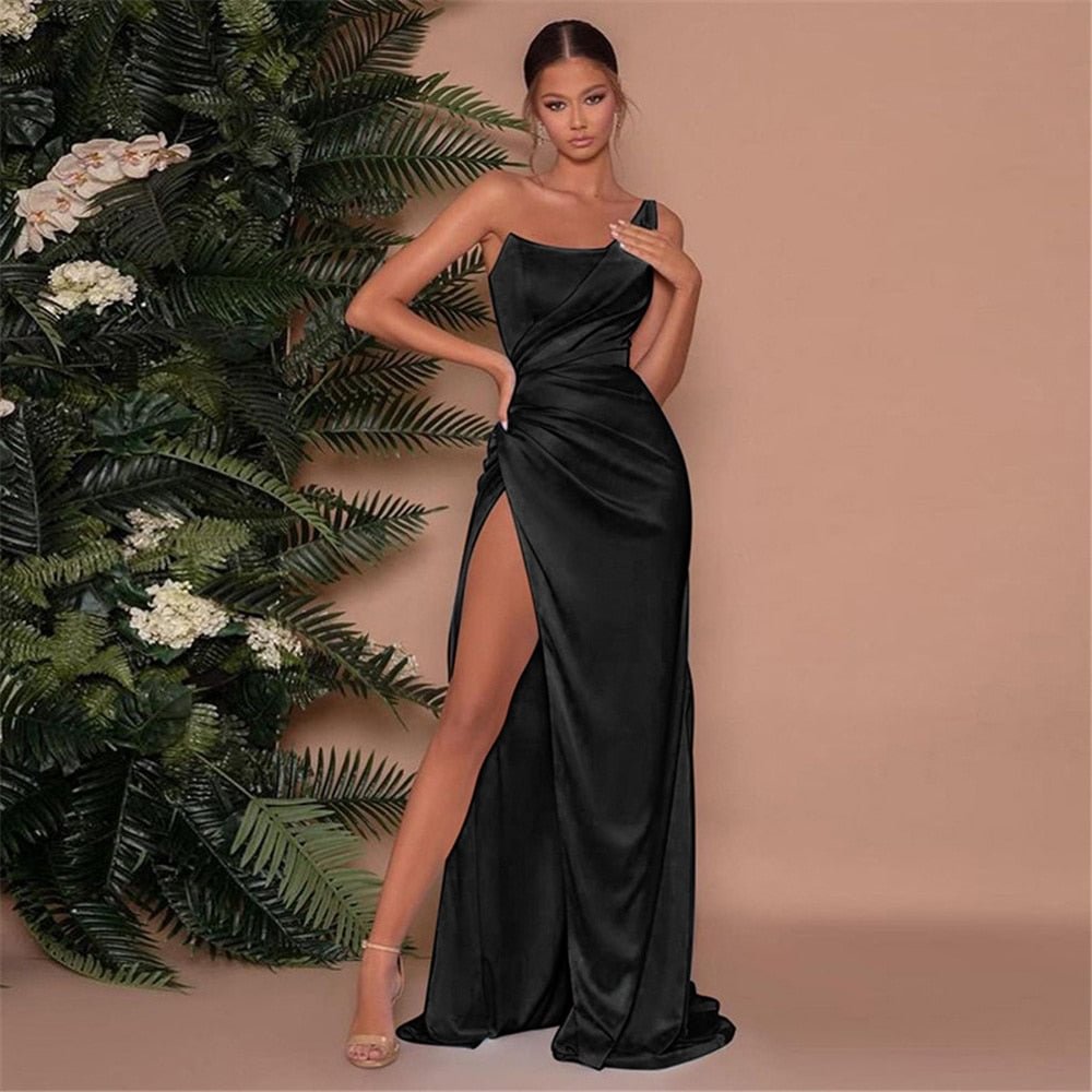 Women Elegant Evening Party Dress Off Shoulder Sleeveless Solid Color Long Dress High Waist High Slit Dress Wedding Birthday