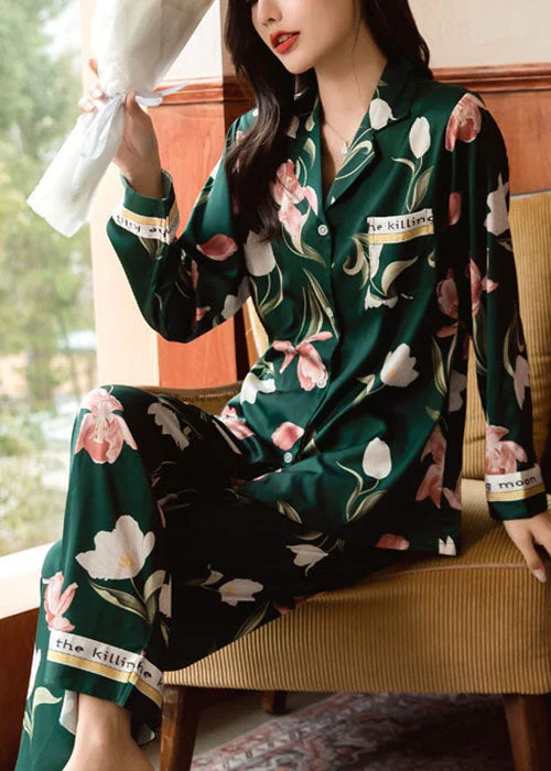 Blackish Green Ice Silk Pajamas Two Pieces Set Oversized Pocket Spring