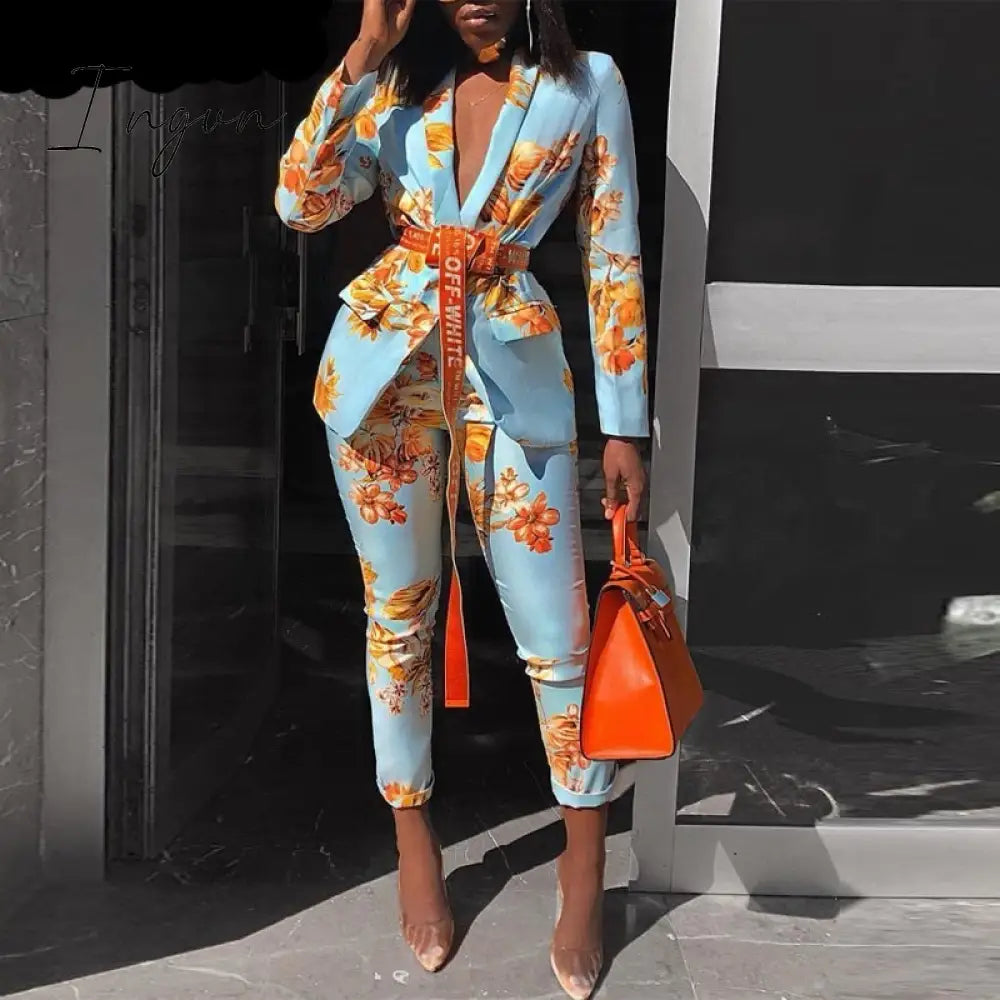 Ingvn - Women Chic Elegant All Over Print Long Sleeve Sashes Ankle - Length Pants Spring Working