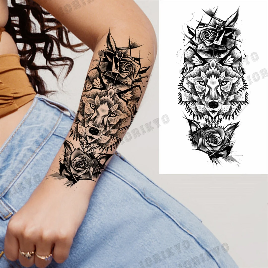 Black Lion Wolf Temporary Tattoos For Men Adult Forest Rose Compass Warrior Fake Tattoo Washable Body Art Painting Tatoo Sticker