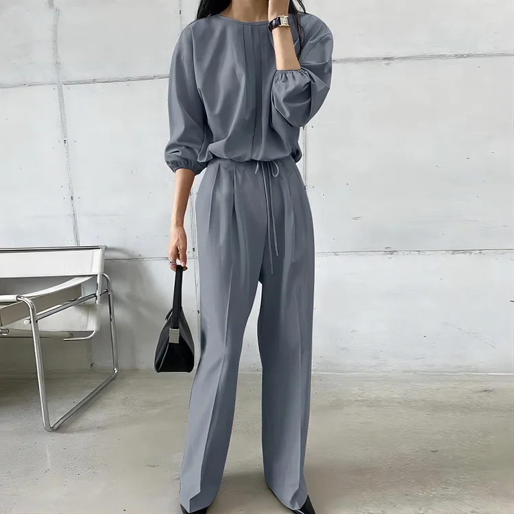 Women's 2Piece Set Solid Crew Neck Long Sleeve Casual Top and Wide Leg Pant