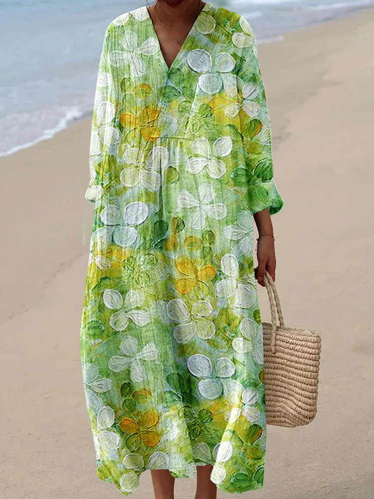 Womens Art Oil Painting Flower Petals Pattern Print Casual Cotton And Linen Dress