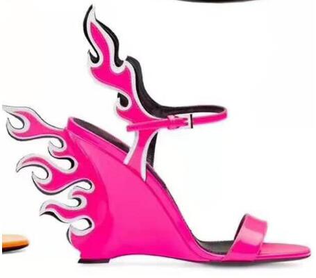 VCSHOES Pink Black Red Woman Open Toe Ankle Buckle Strap Flame Wedge Patent Leather Sandals High Heel Sandals Lady