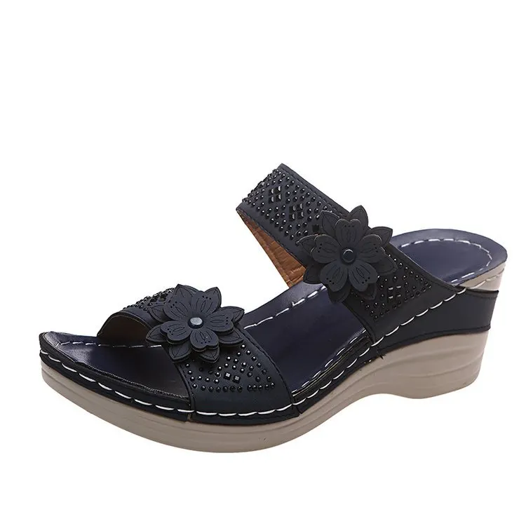 Breakj Breakj Spring And Summer New Retro Leisure Flowers Water Drilling Slope With A Word Of Women's Slope And Slippers