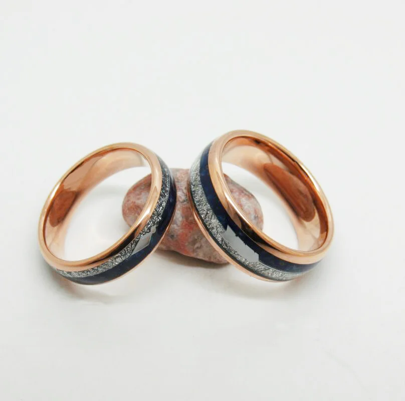 Rose Gold Tungsten Carbide Mens Womens Rings With Full Arc Electroplated Inlaid With Silver Wire And Lapis Lazuli Stone