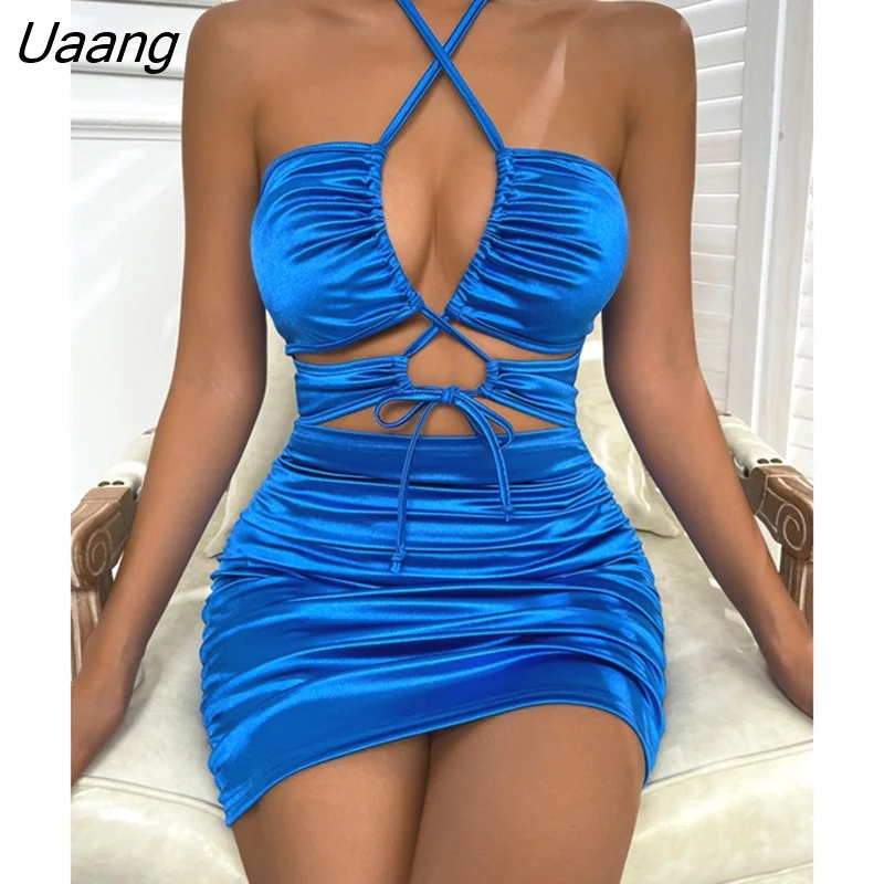 Uaang Satin Hollow Out Ruched Mini Dress For Women Robe Summer Halter Sleeveless Backless Lace-up Club Party Dress Vestido