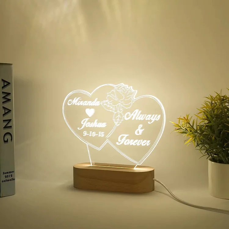 Custom Name/Text Acrylic Heart LED Night Lights with Wooden Base