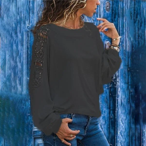 Round Neck Long Sleeve Lace Patchwork T-Shirts
