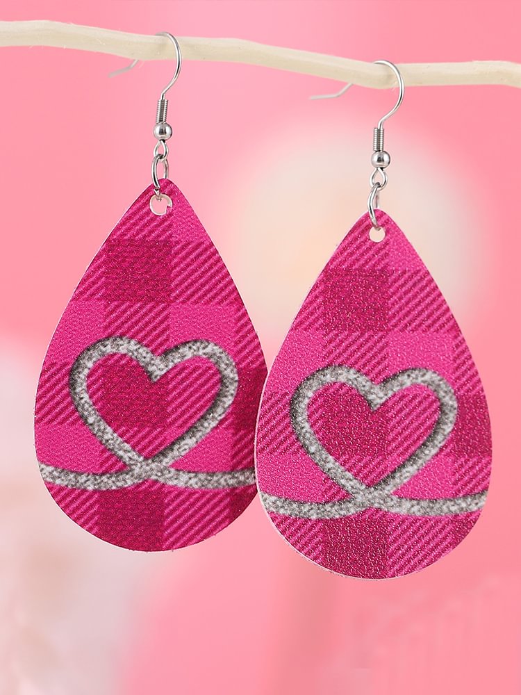 Comstylish Valentine's Day Plaid Heart Water Drop Earrings