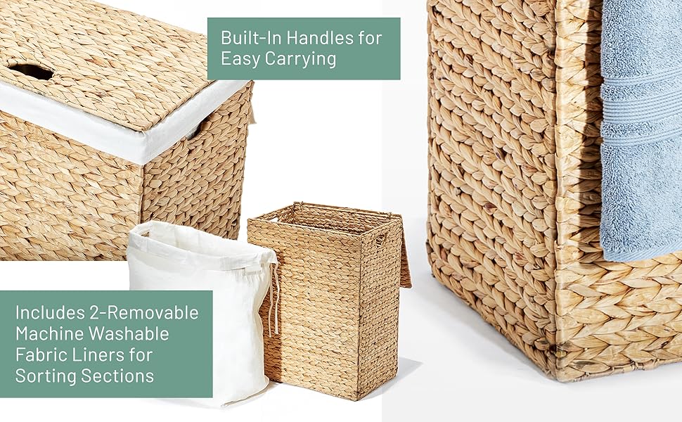 machine washable liner, handles, easy carrying