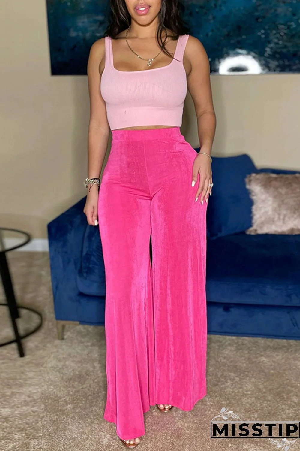 Black Casual Solid Patchwork High Waist Straight Solid Color Bottoms