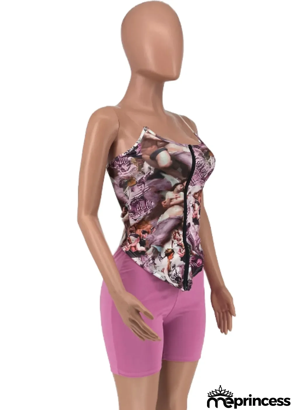 Summer Sexy Purlple Printed Fitted Strapless Top and Matching Shorts Set