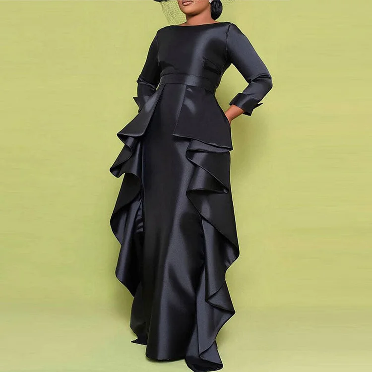 Solid Round Neck Long Sleeve Ruffle Design Plus Size Maxi Dress - IRBOOM Fashion Clothing