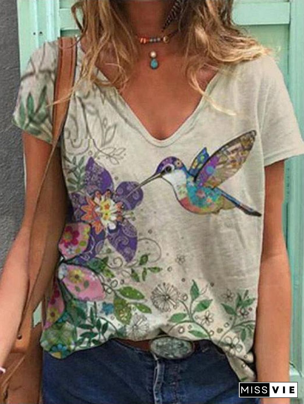 Women Short Sleeve V-Neck Floral Printed Tops