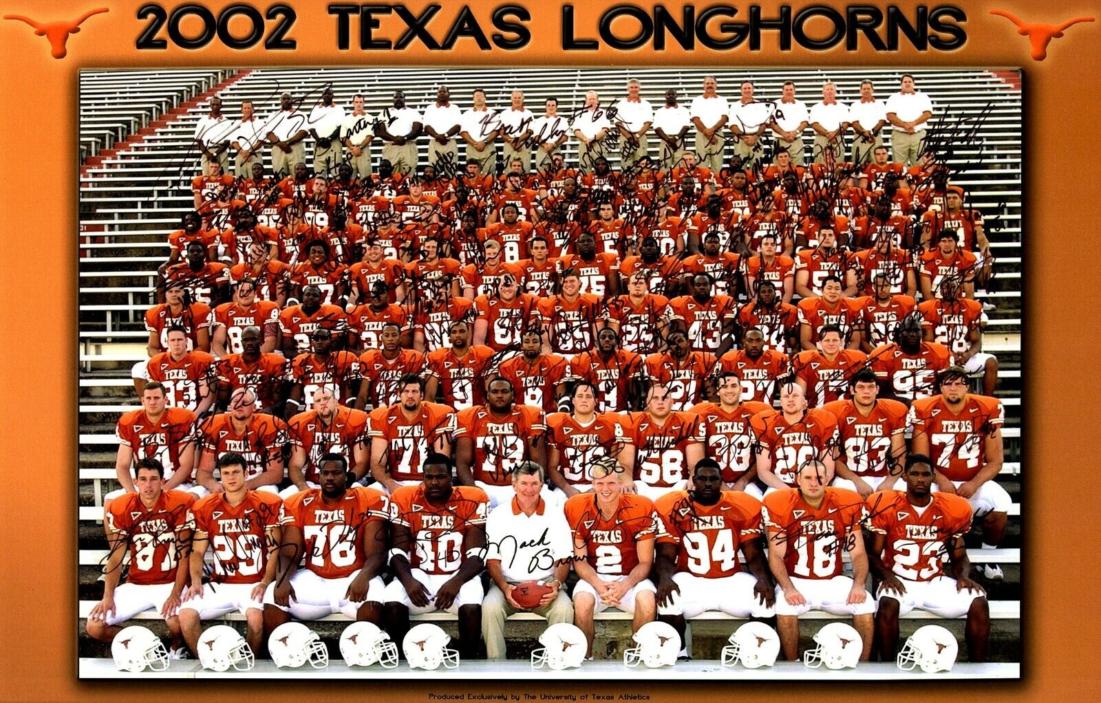 TEXAS LONGHORNS 2002 Double Sided Card Stock Team Photo Poster painting, Mack Brown, Chris Simms