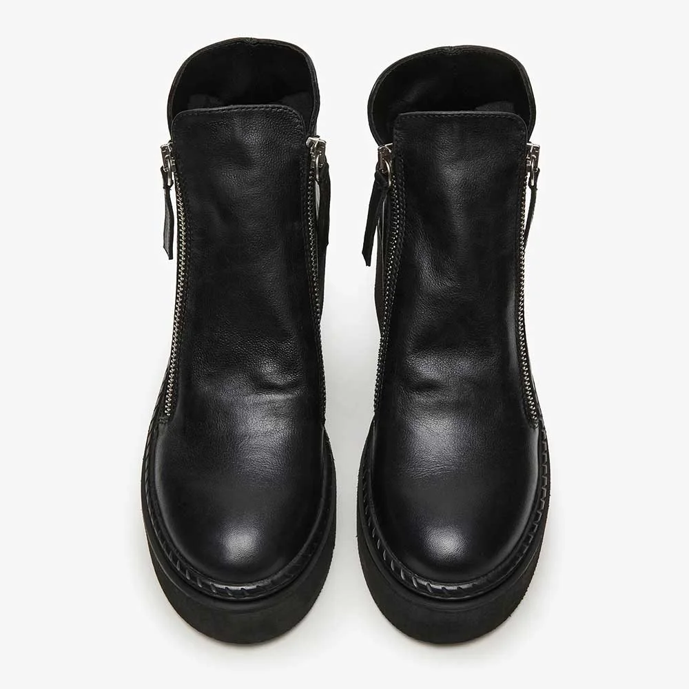 Black Round Toe Wedge Heel Platform Short Booties with Zipper