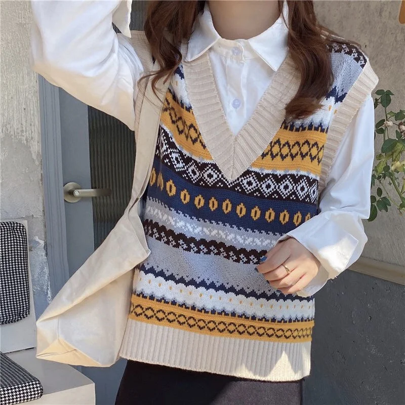 Fall V-neck Argyle Jacquard Sweater Vest Women Vintage Chinese Style Sleeveless Knitwear Sweaters Loose All-match Knitting Tops