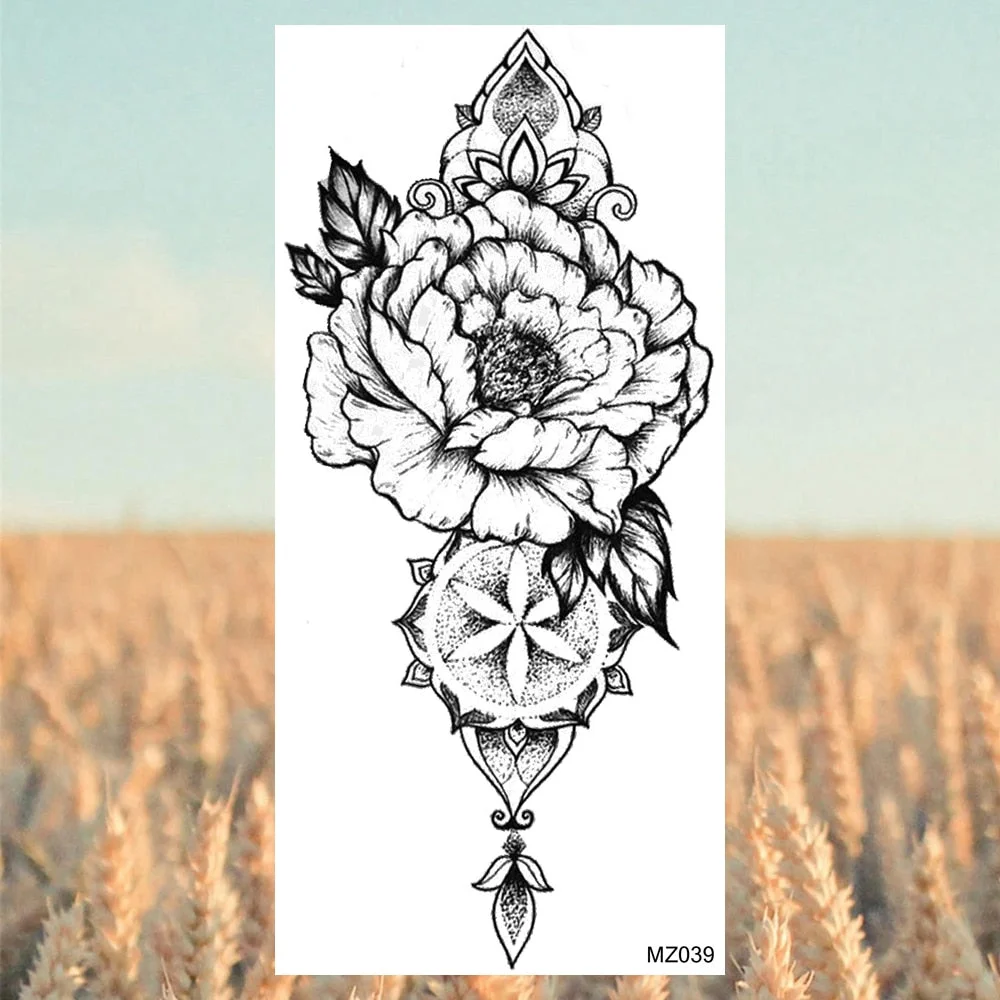 Black Lotus Pendant Temporary Tattoos For Women Adult Rose Flower Jewelry Fake Tattoo Fashion Calf Waterproof Half Sleeve Tatoos