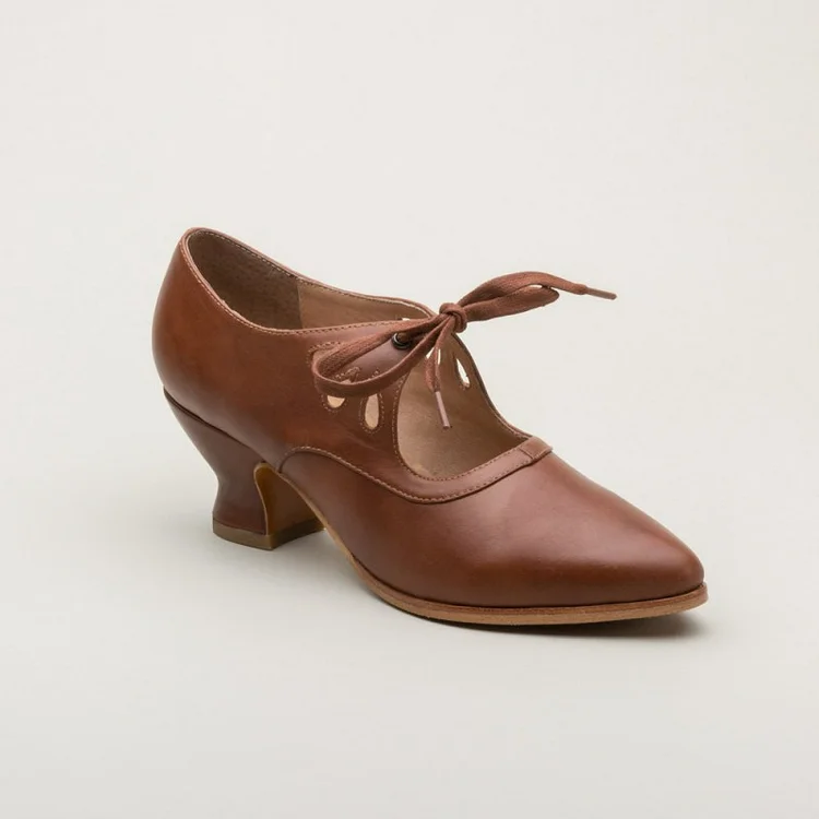 Brown Vintage Mary Jane Heels with Hollow Out Spool Heels Vdcoo