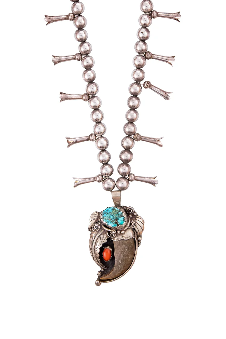 Necklace, Squash Blossom Variation, Bear Claw, Turquoise & Coral, Vintage Estate, 1154
