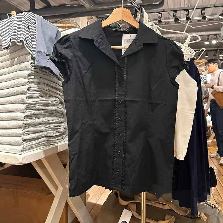 Short Sleeve Cotton Shirt for Women Slim Fit Casual Blouse