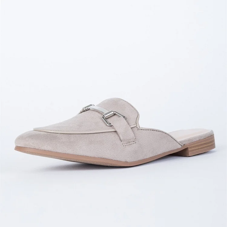 Grey Vegan Suede Round Toe Horsebit Flat Mule Loafers for Women |FSJ Shoes